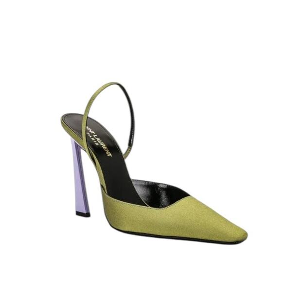 Saint Laurent YSL Blade 105 Silk Slingback Pumps Lime Lilac NEW EU 37 US 7 - Picture 1 of 13